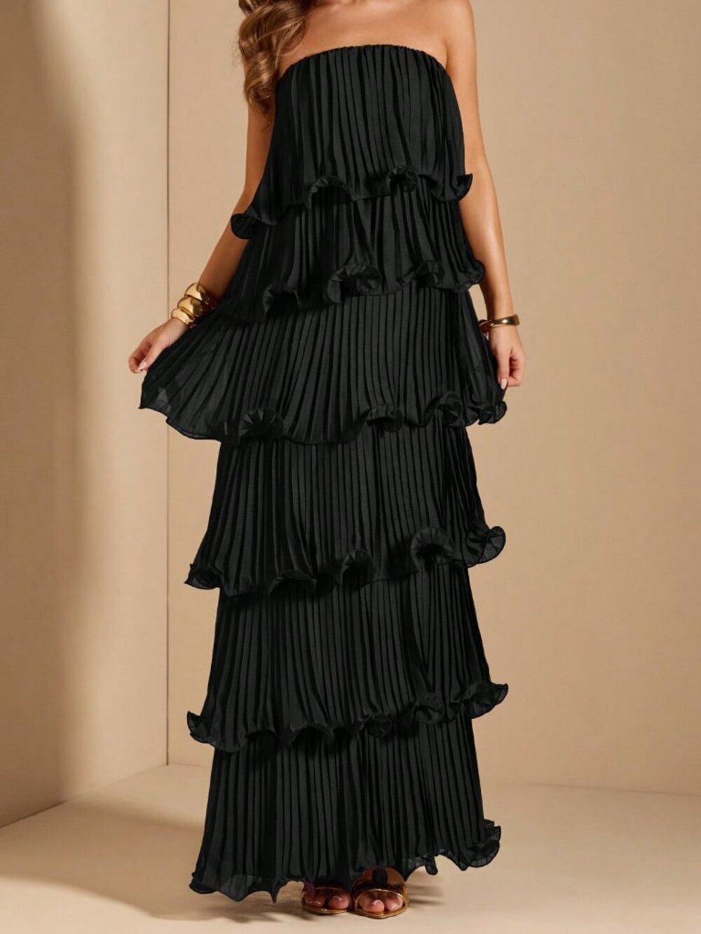 Black Elegant Women's Strapless Tiered Cake Dress - Picture 3 of 7